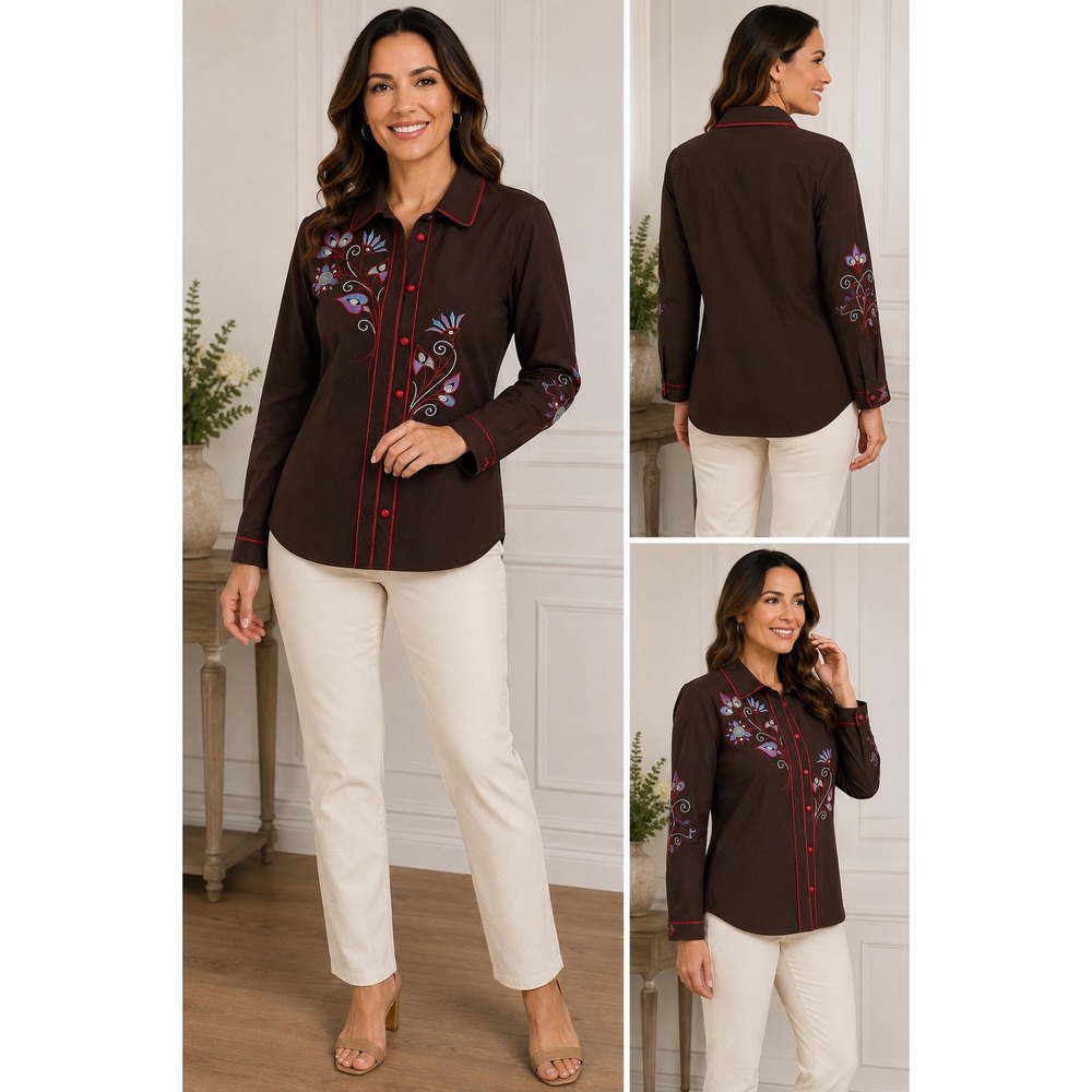 Bob Mackie Wearable Art Brown Embroidered Floral Button Front Shirt Womens Small